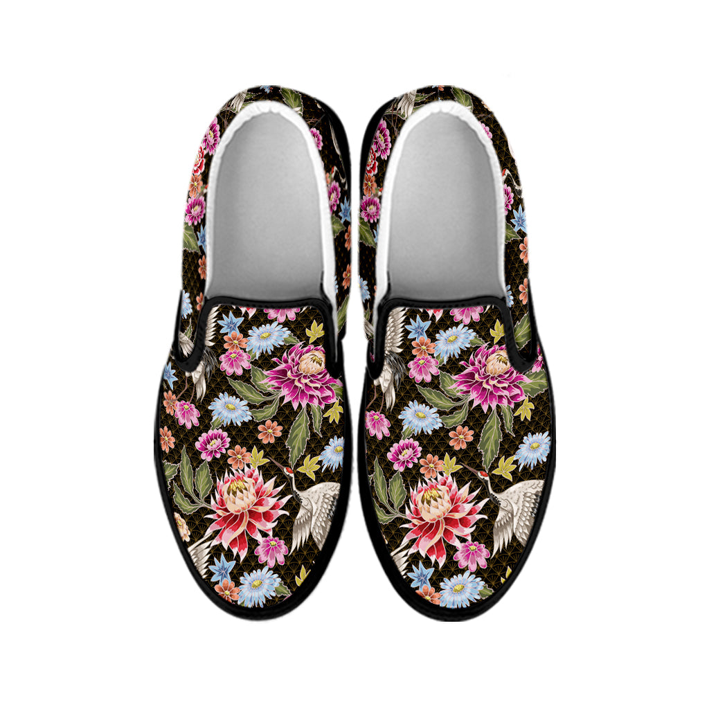 Asian Crane Bird Pattern Print Black Slip On Shoes