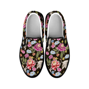 Asian Crane Bird Pattern Print Black Slip On Shoes