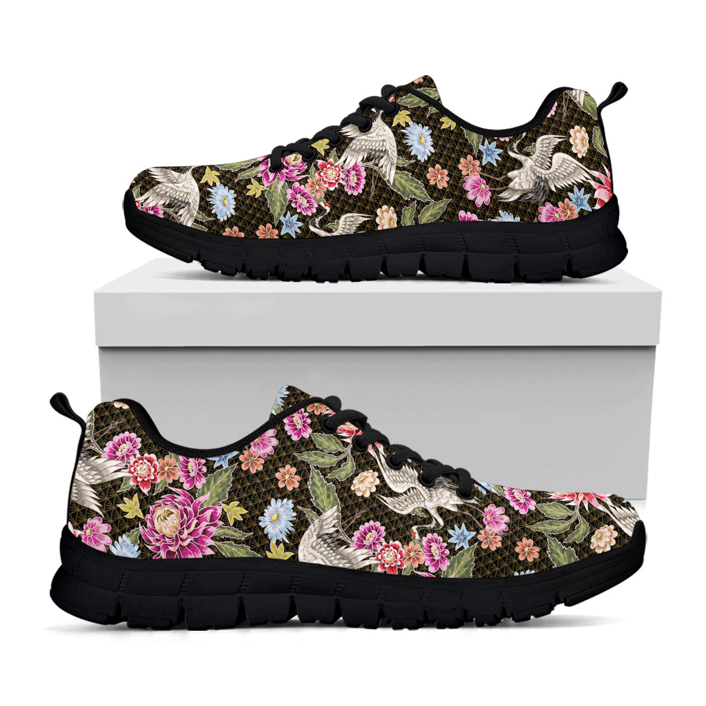 Asian Crane Bird Pattern Print Black Sneakers