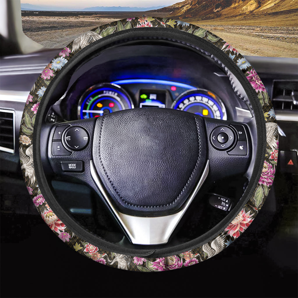 Asian Crane Bird Pattern Print Car Steering Wheel Cover