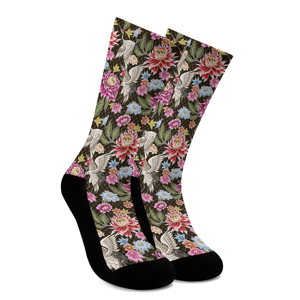 Asian Crane Bird Pattern Print Crew Socks