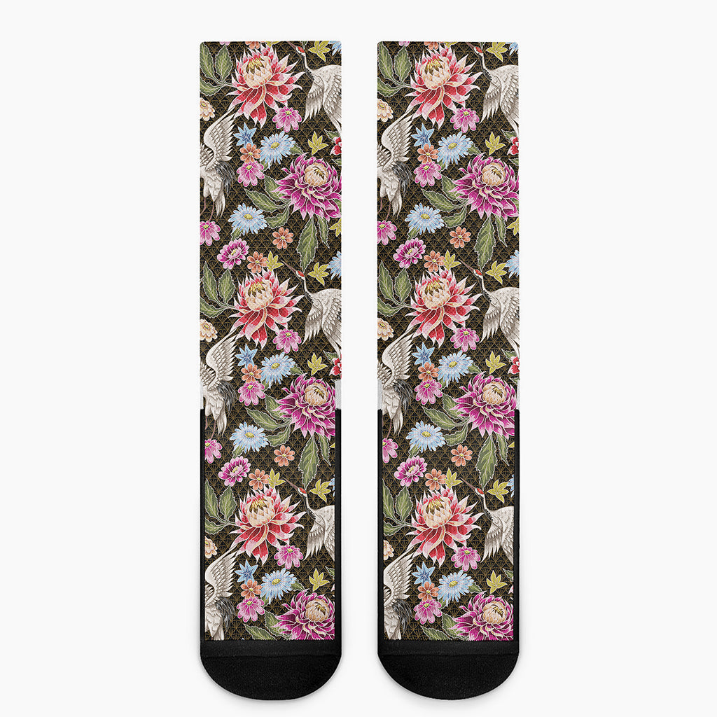 Asian Crane Bird Pattern Print Crew Socks