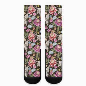 Asian Crane Bird Pattern Print Crew Socks