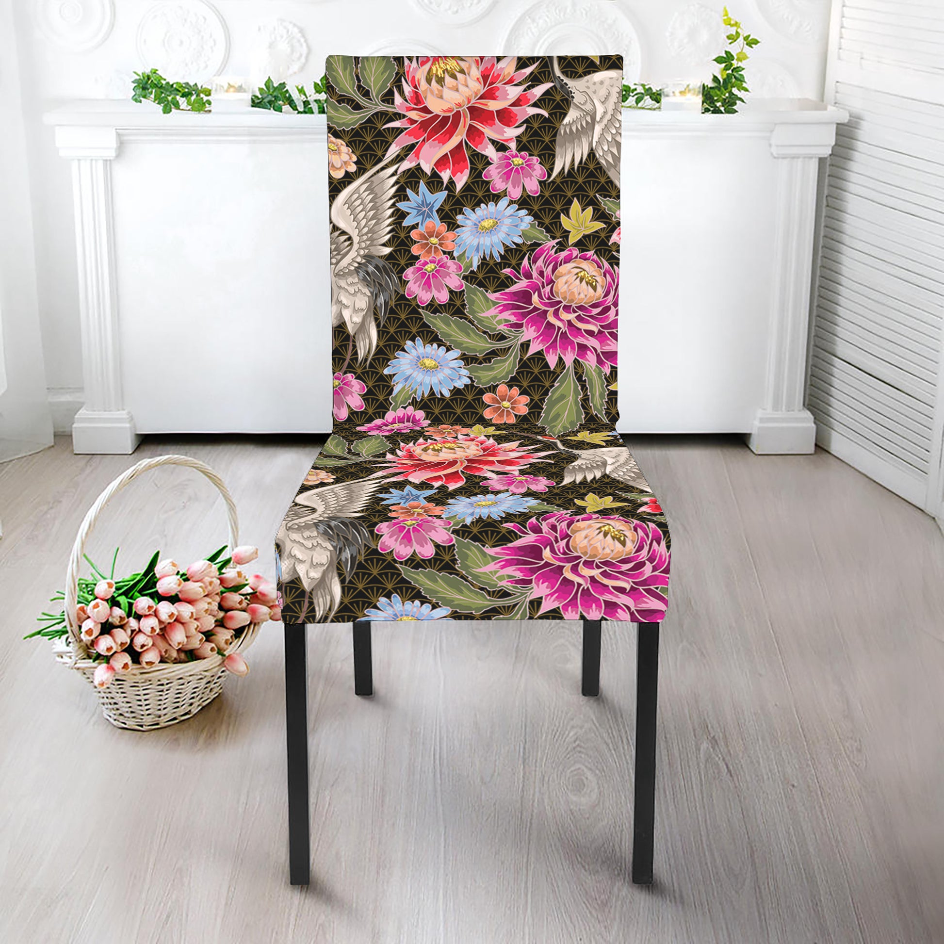 Asian Crane Bird Pattern Print Dining Chair Slipcover