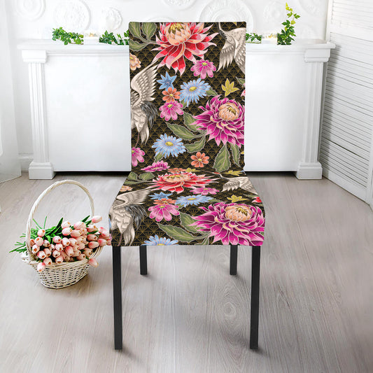 Asian Crane Bird Pattern Print Dining Chair Slipcover