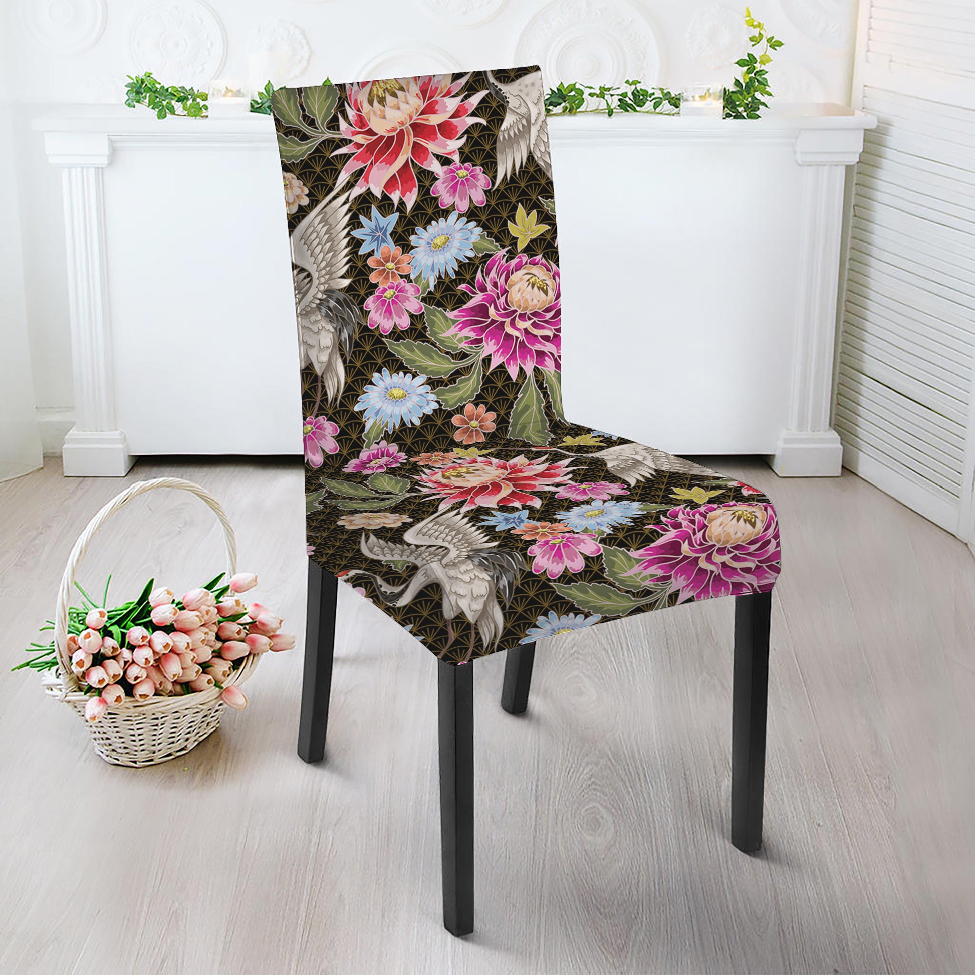 Asian Crane Bird Pattern Print Dining Chair Slipcover