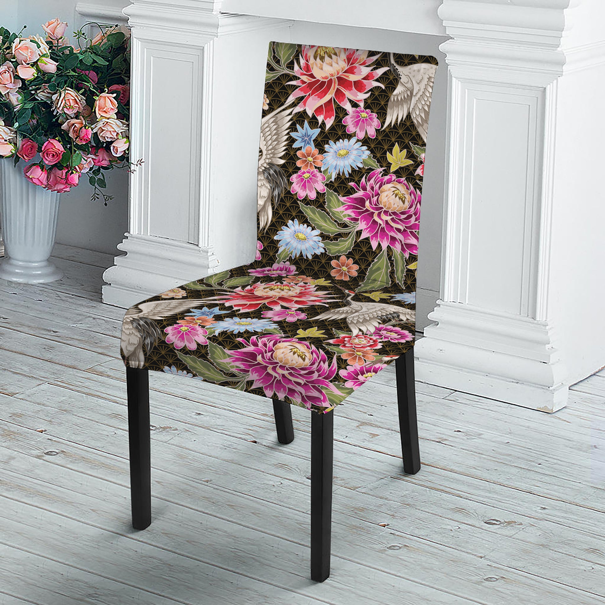 Asian Crane Bird Pattern Print Dining Chair Slipcover