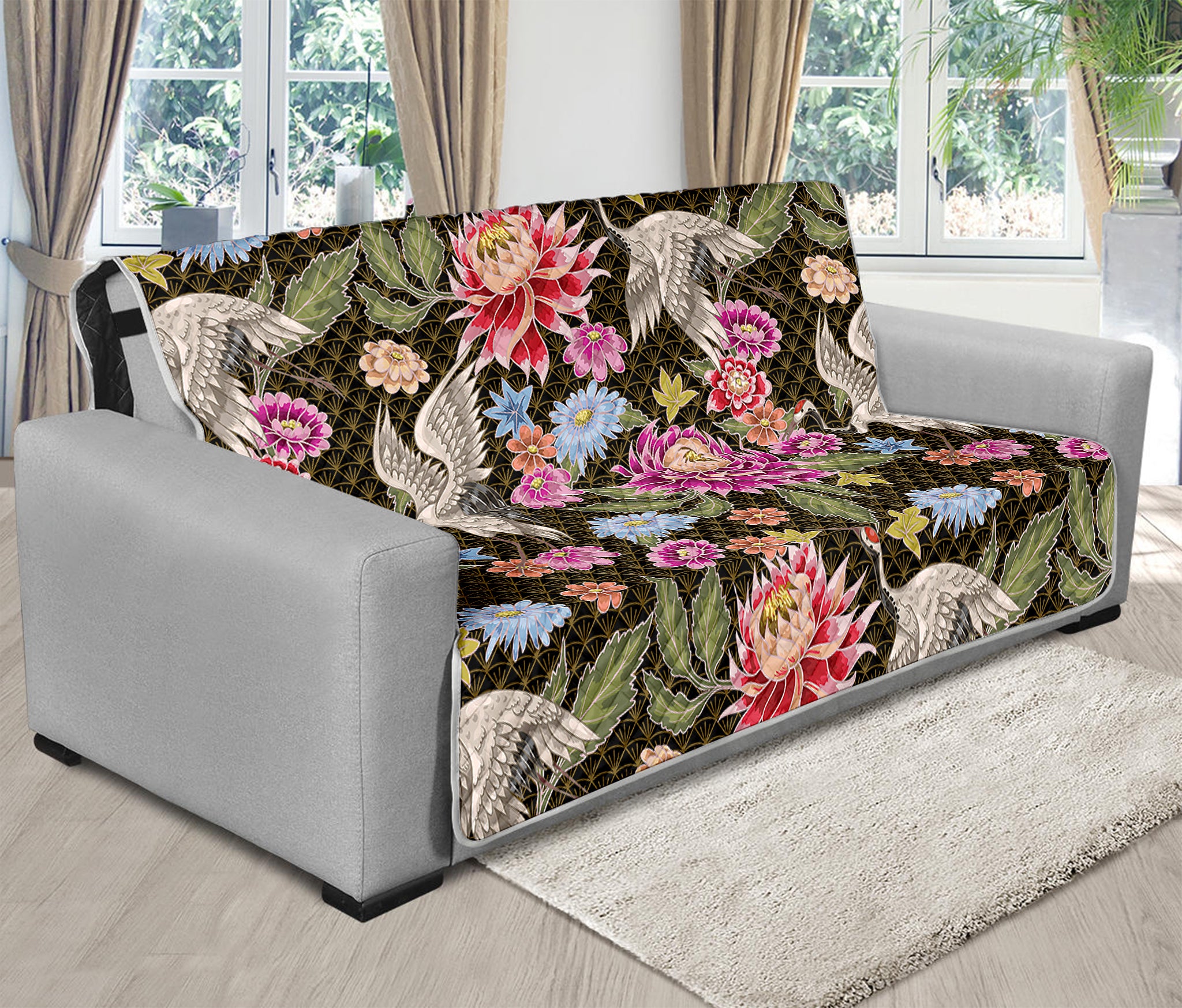 Asian Crane Bird Pattern Print Futon Protector