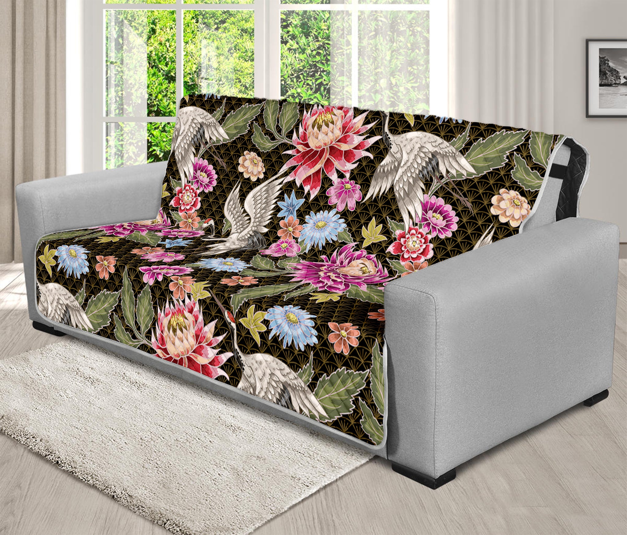 Asian Crane Bird Pattern Print Futon Protector