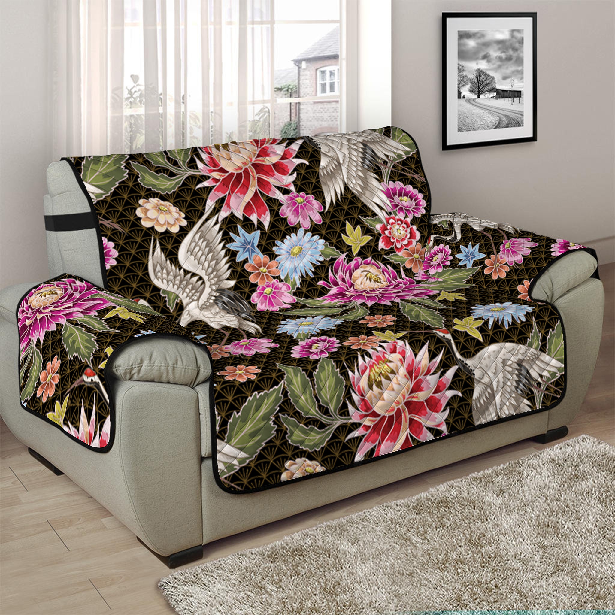 Asian Crane Bird Pattern Print Half Sofa Protector