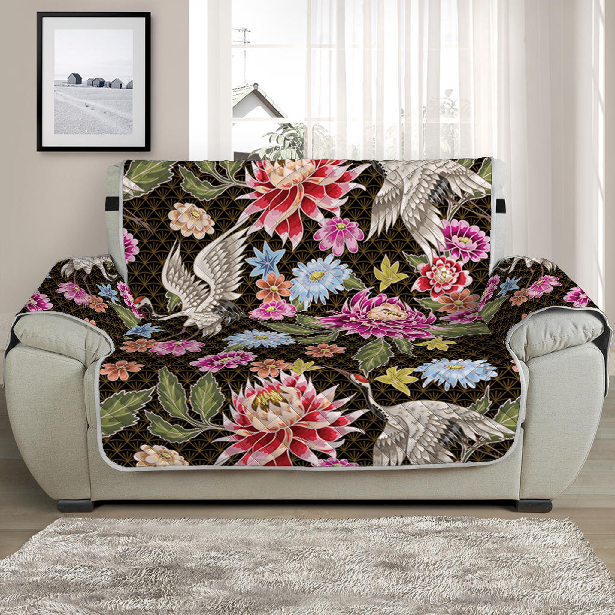 Asian Crane Bird Pattern Print Half Sofa Protector