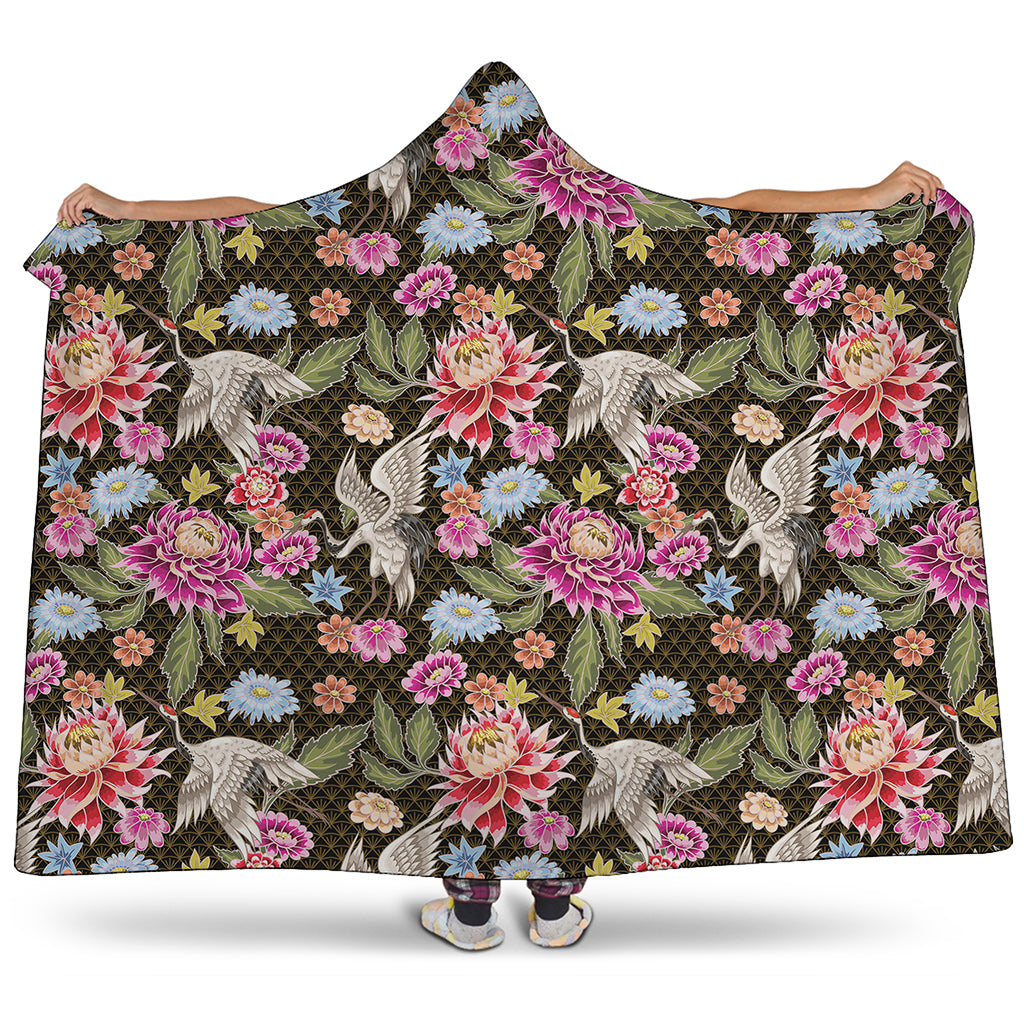 Asian Crane Bird Pattern Print Hooded Blanket