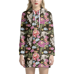 Asian Crane Bird Pattern Print Hoodie Dress