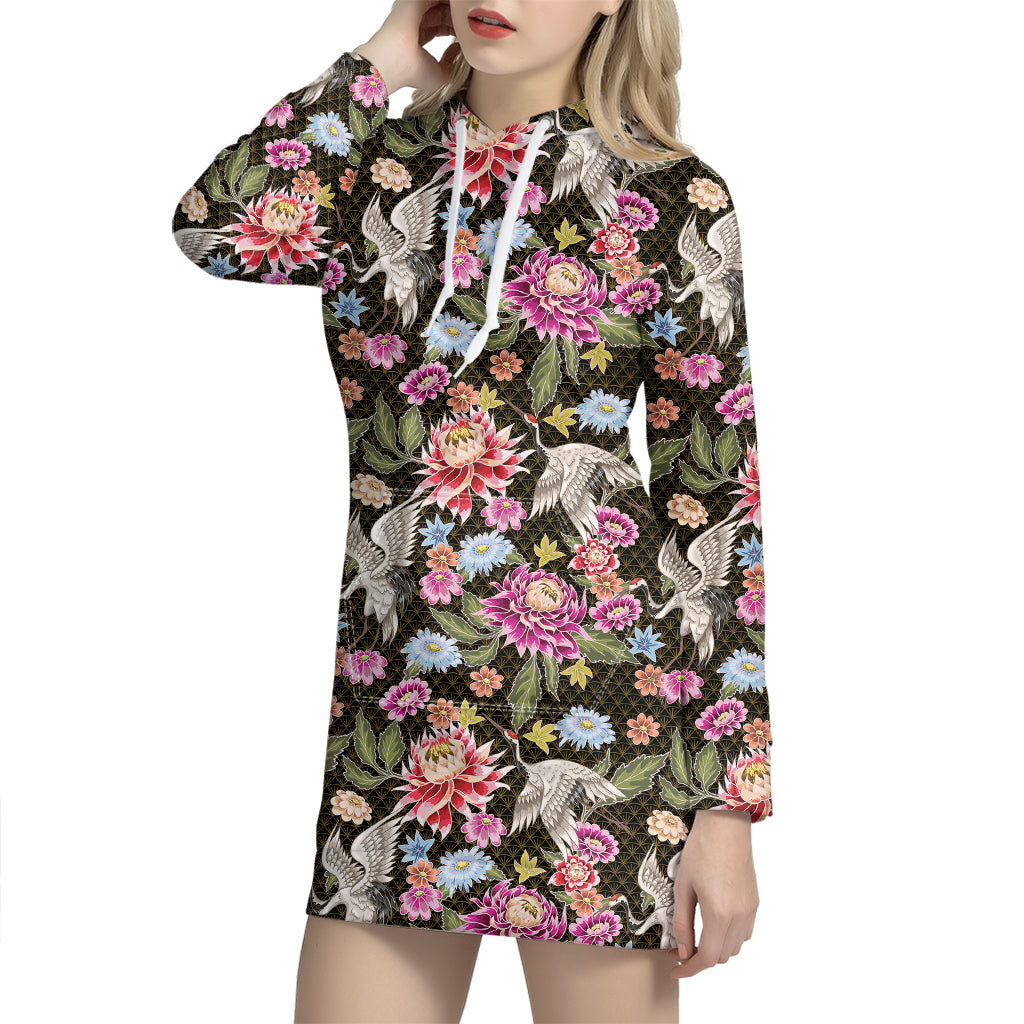 Asian Crane Bird Pattern Print Hoodie Dress