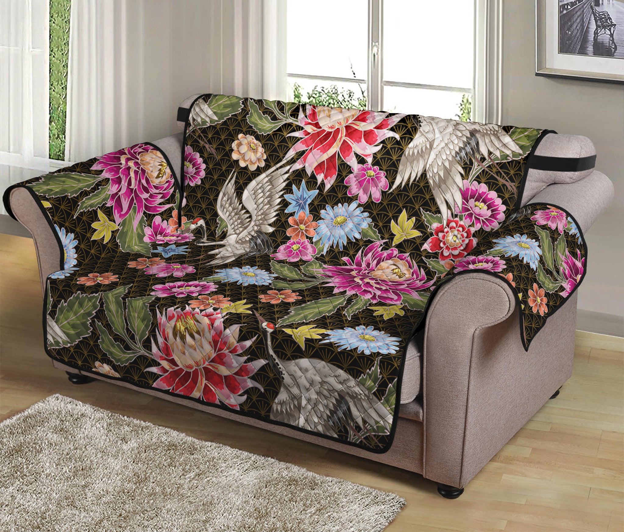 Asian Crane Bird Pattern Print Loveseat Protector