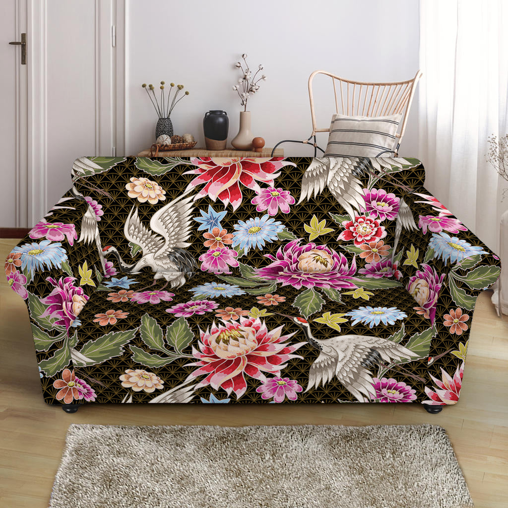 Asian Crane Bird Pattern Print Loveseat Slipcover