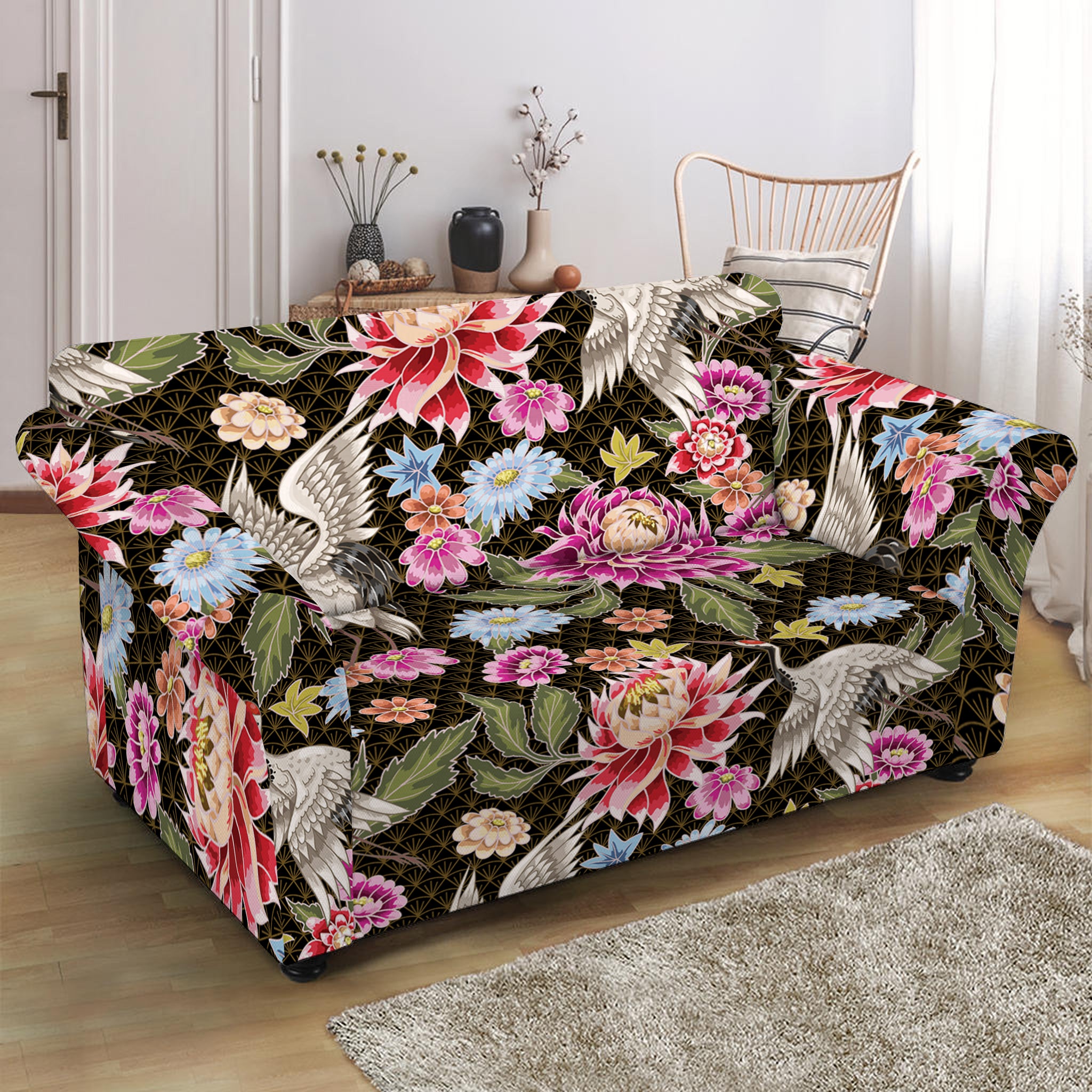 Asian Crane Bird Pattern Print Loveseat Slipcover