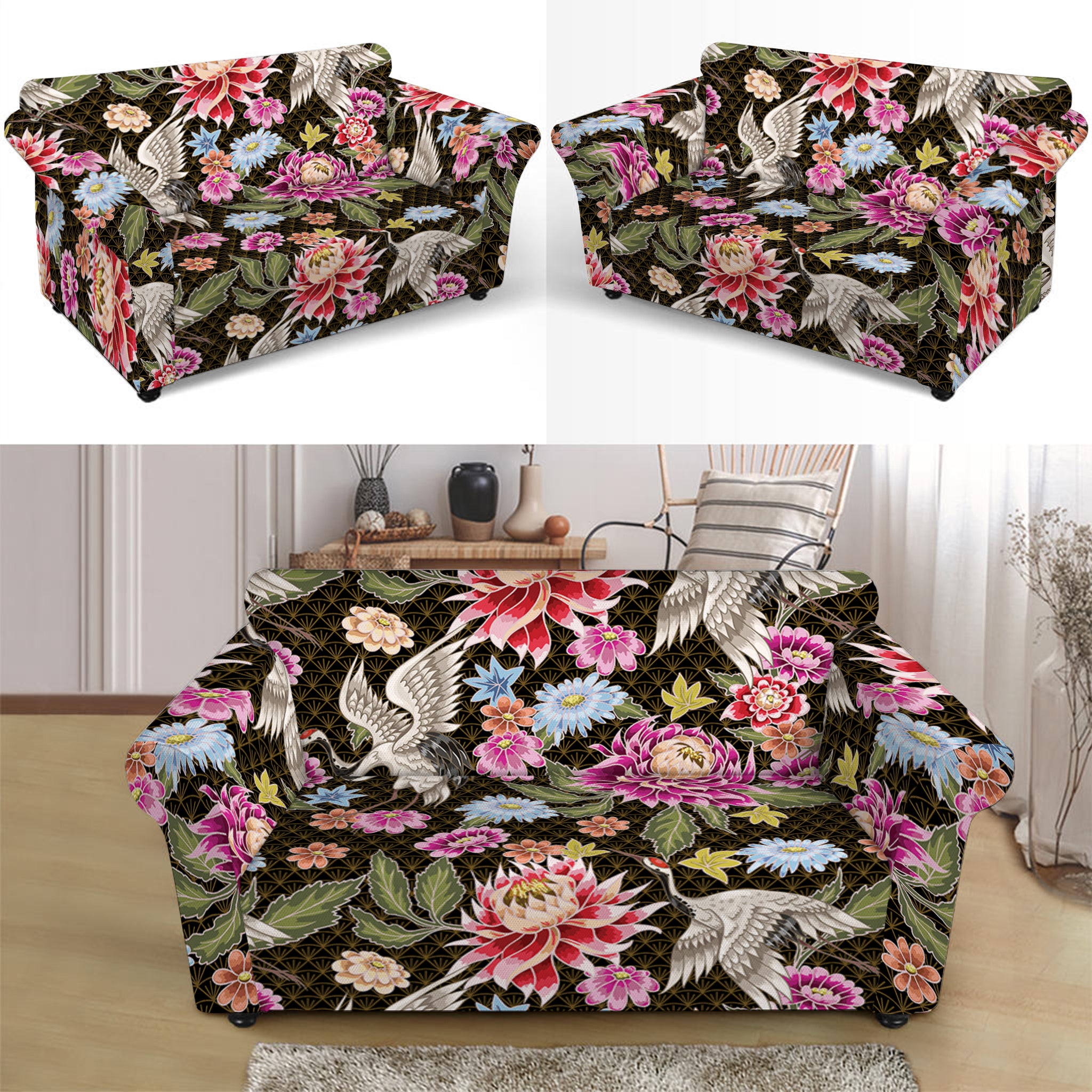 Asian Crane Bird Pattern Print Loveseat Slipcover