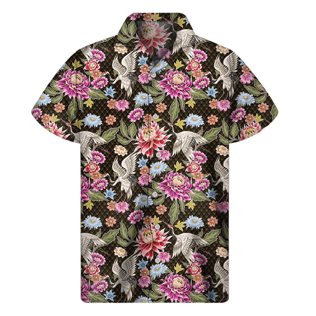 Asian Crane Bird Pattern Print Men's Short Sleeve Shirt