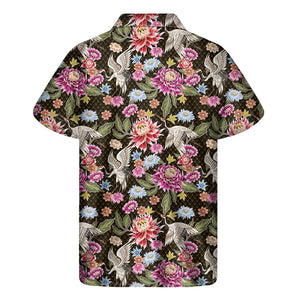 Asian Crane Bird Pattern Print Men's Short Sleeve Shirt