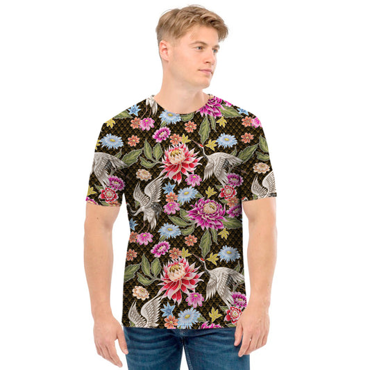 Asian Crane Bird Pattern Print Men's T-Shirt
