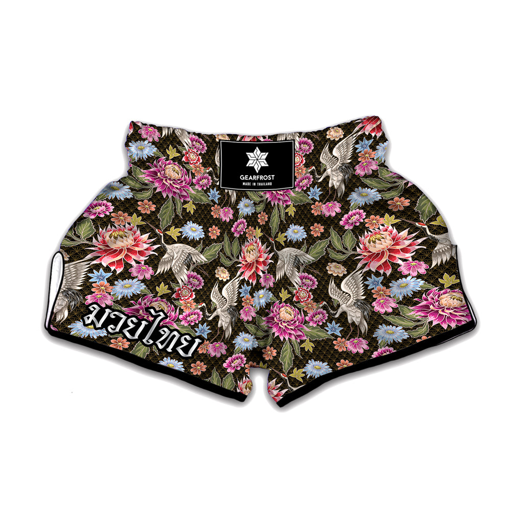 Asian Crane Bird Pattern Print Muay Thai Boxing Shorts