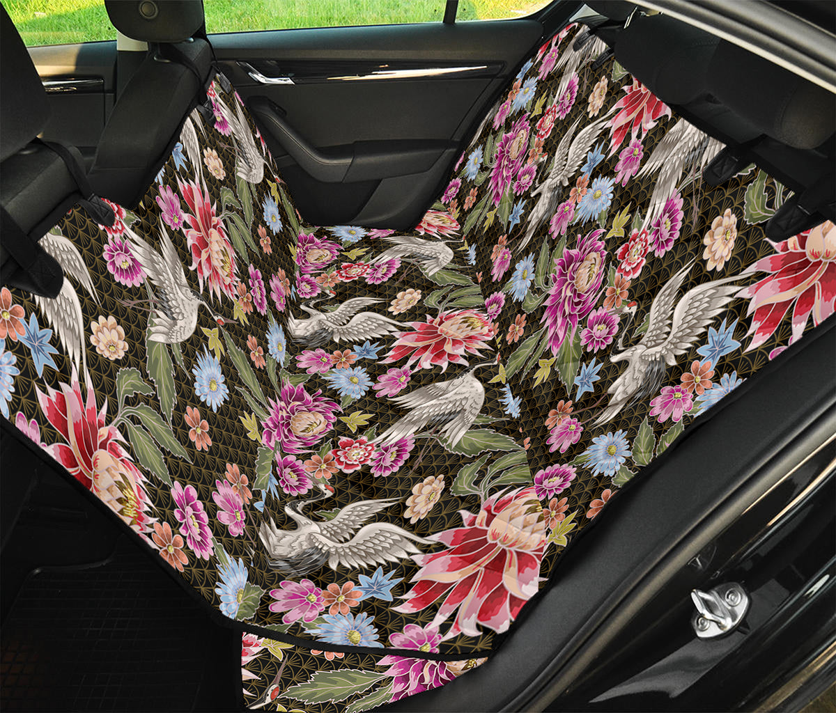 Asian Crane Bird Pattern Print Pet Car Back Seat Cover