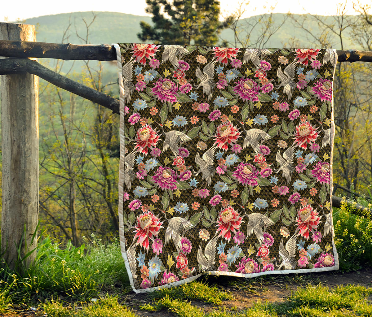 Asian Crane Bird Pattern Print Quilt