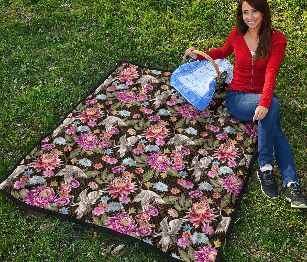 Asian Crane Bird Pattern Print Quilt