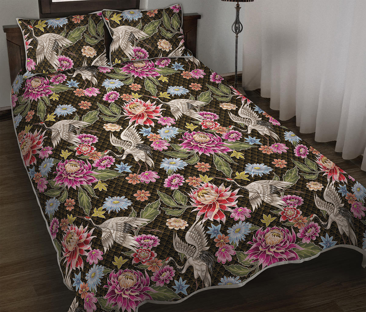 Asian Crane Bird Pattern Print Quilt Bed Set