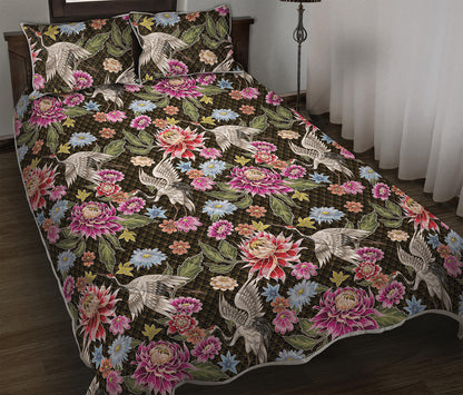 Asian Crane Bird Pattern Print Quilt Bed Set