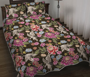 Asian Crane Bird Pattern Print Quilt Bed Set