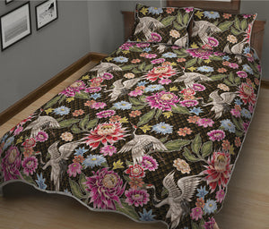 Asian Crane Bird Pattern Print Quilt Bed Set