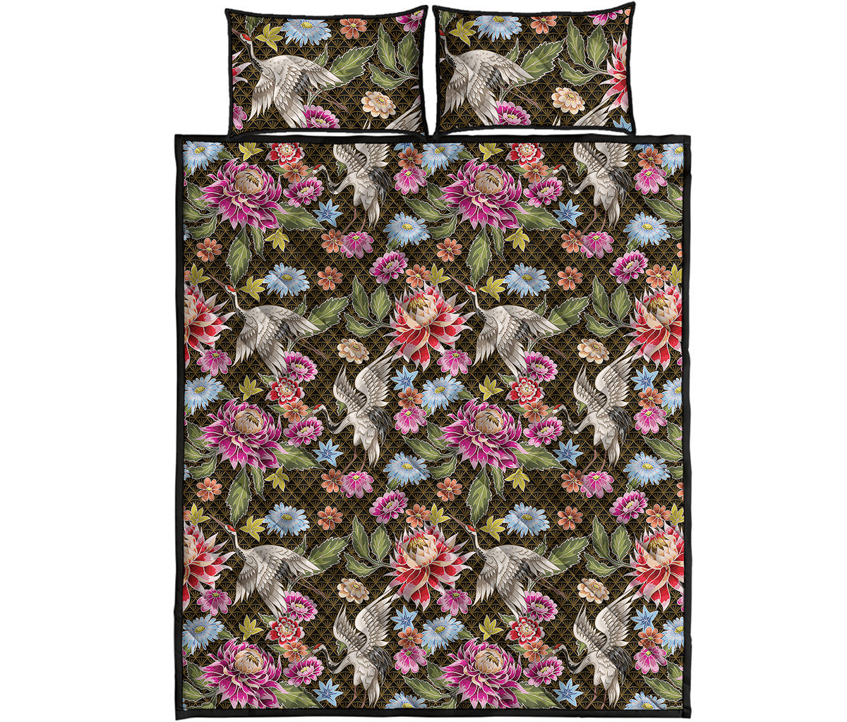 Asian Crane Bird Pattern Print Quilt Bed Set