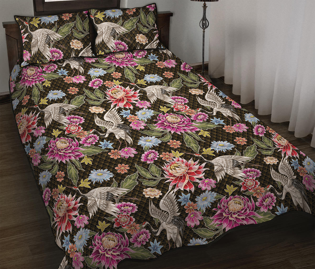 Asian Crane Bird Pattern Print Quilt Bed Set