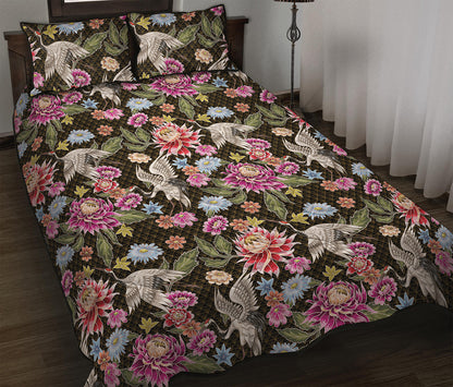 Asian Crane Bird Pattern Print Quilt Bed Set