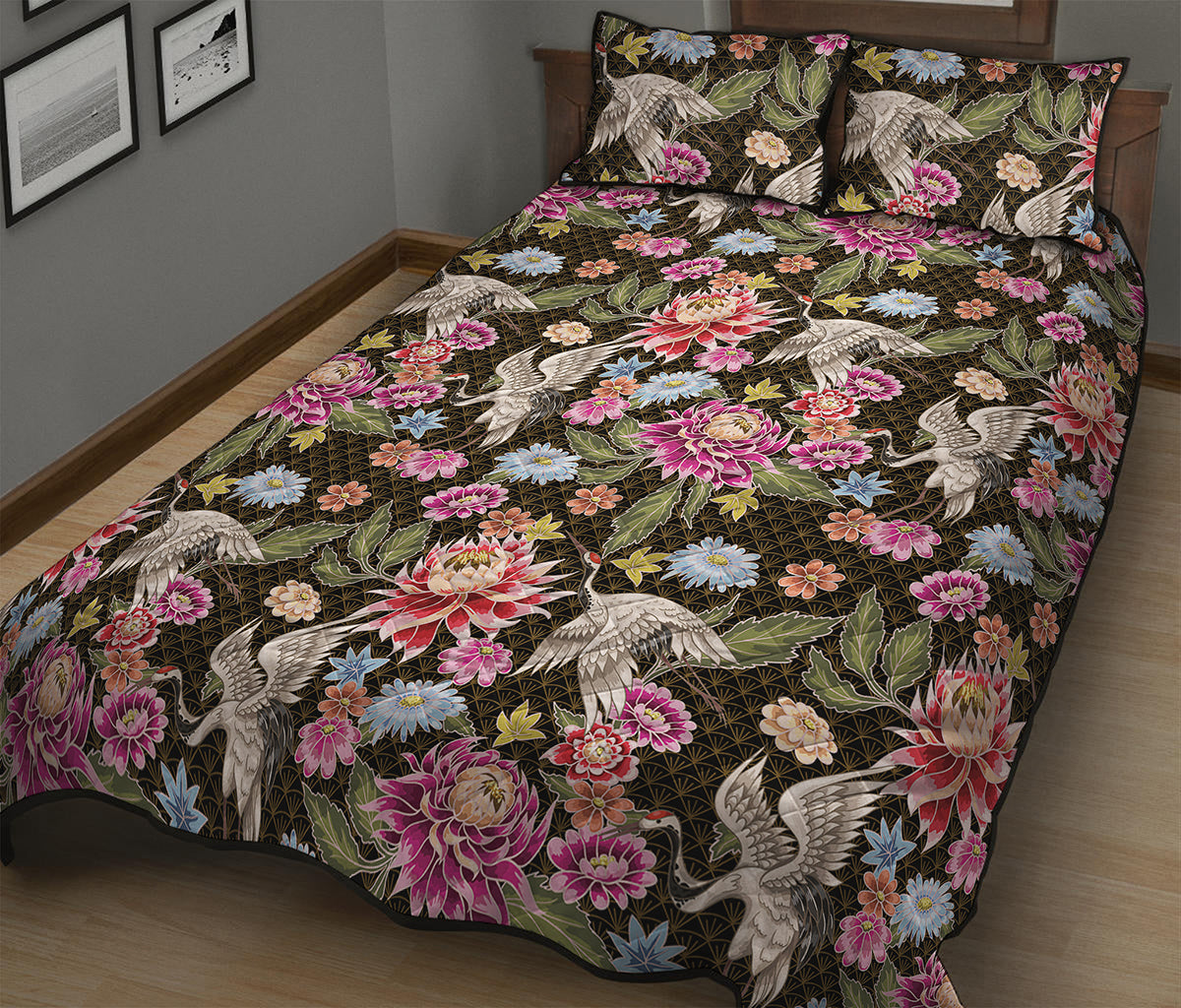 Asian Crane Bird Pattern Print Quilt Bed Set