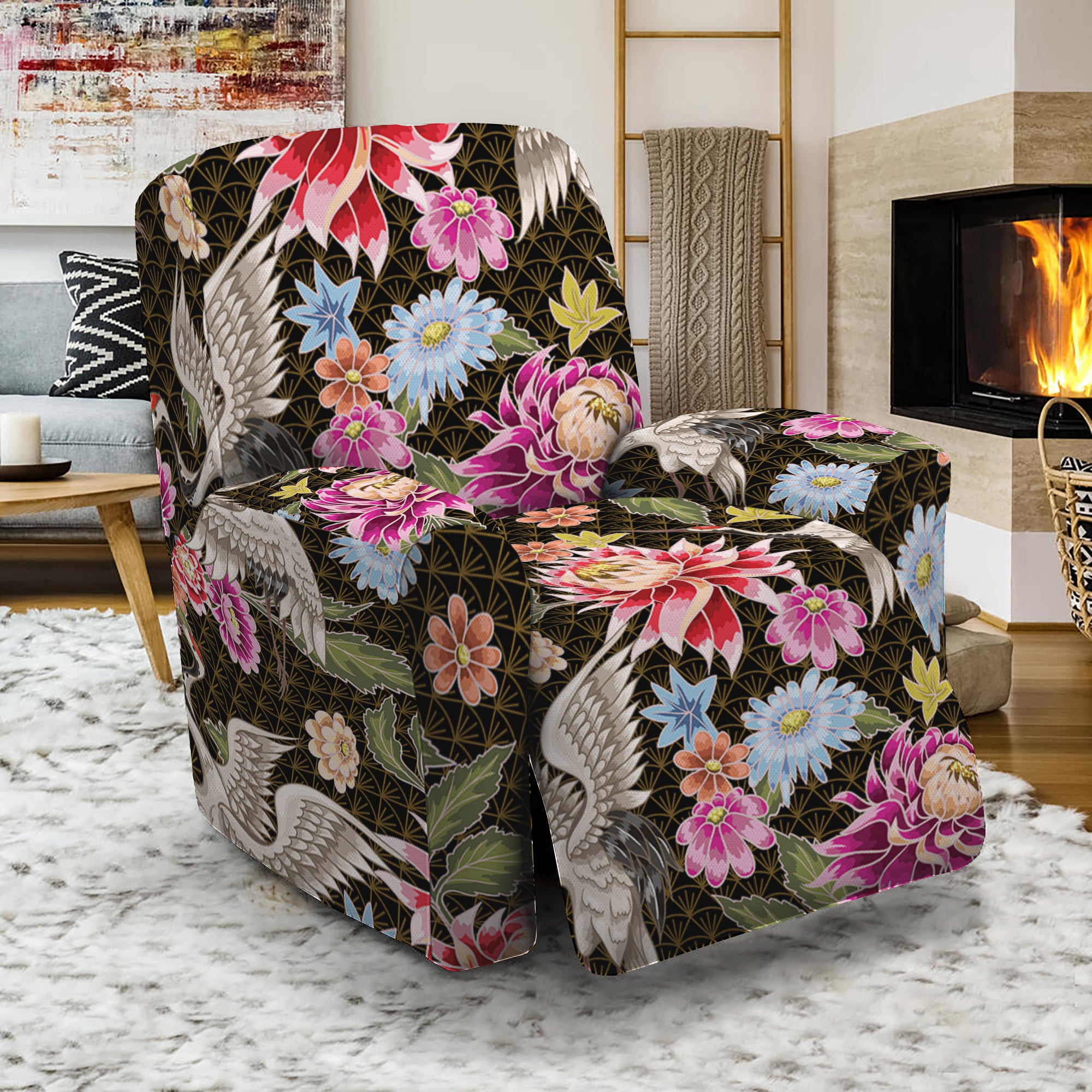 Asian Crane Bird Pattern Print Recliner Slipcover