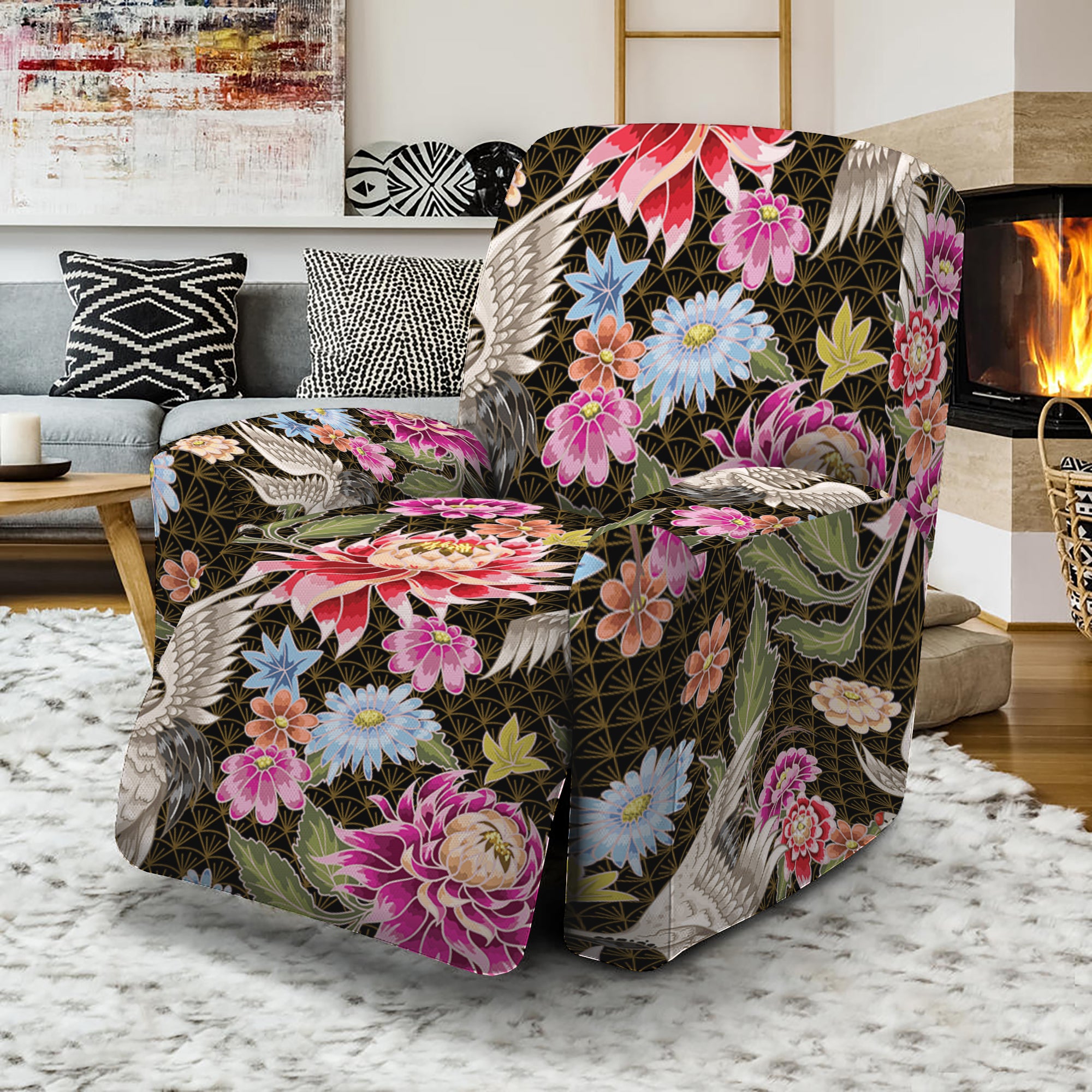 Asian Crane Bird Pattern Print Recliner Slipcover