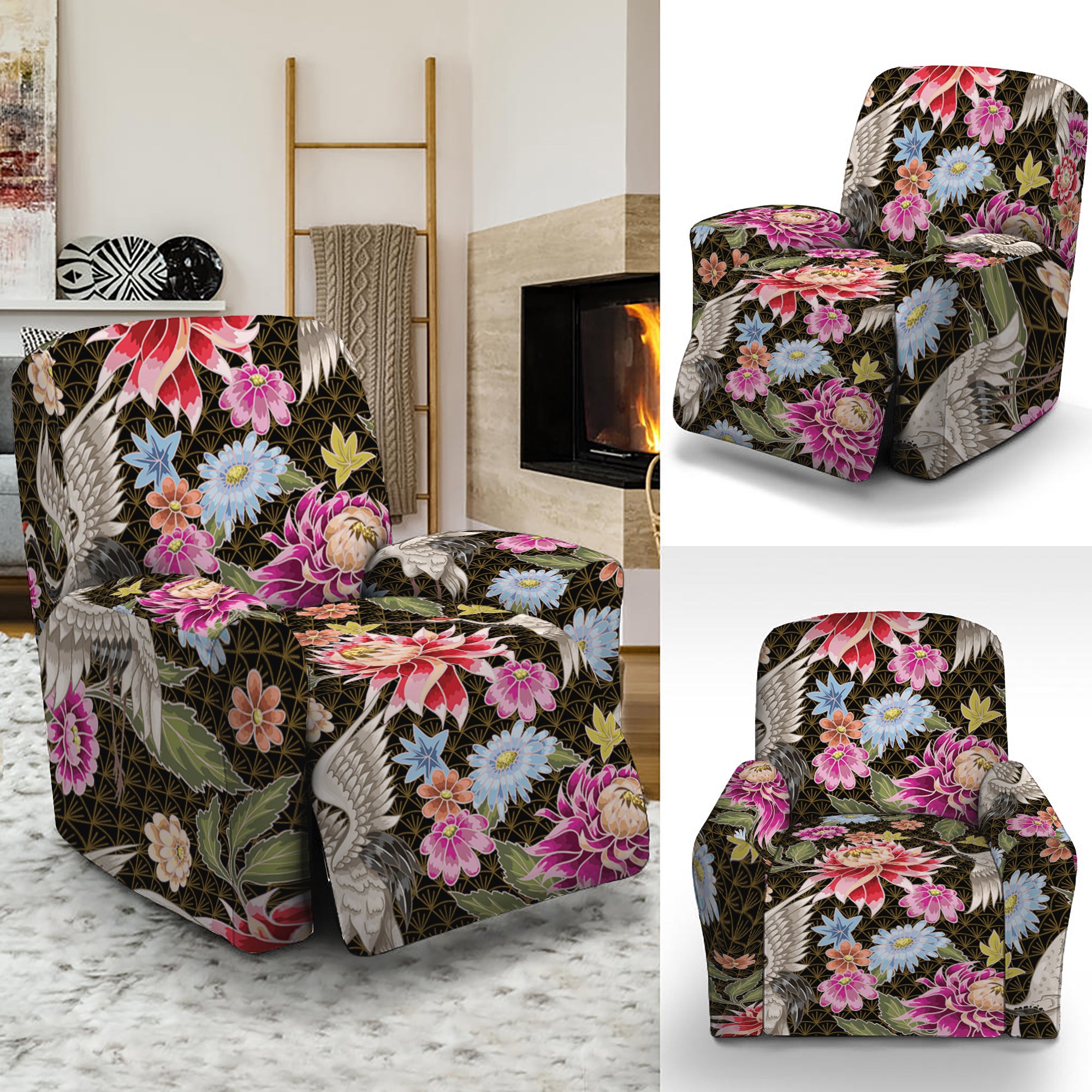 Asian Crane Bird Pattern Print Recliner Slipcover