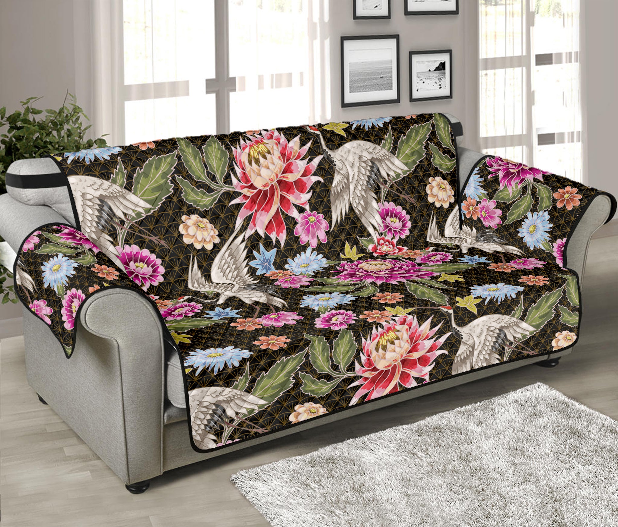 Asian Crane Bird Pattern Print Sofa Protector