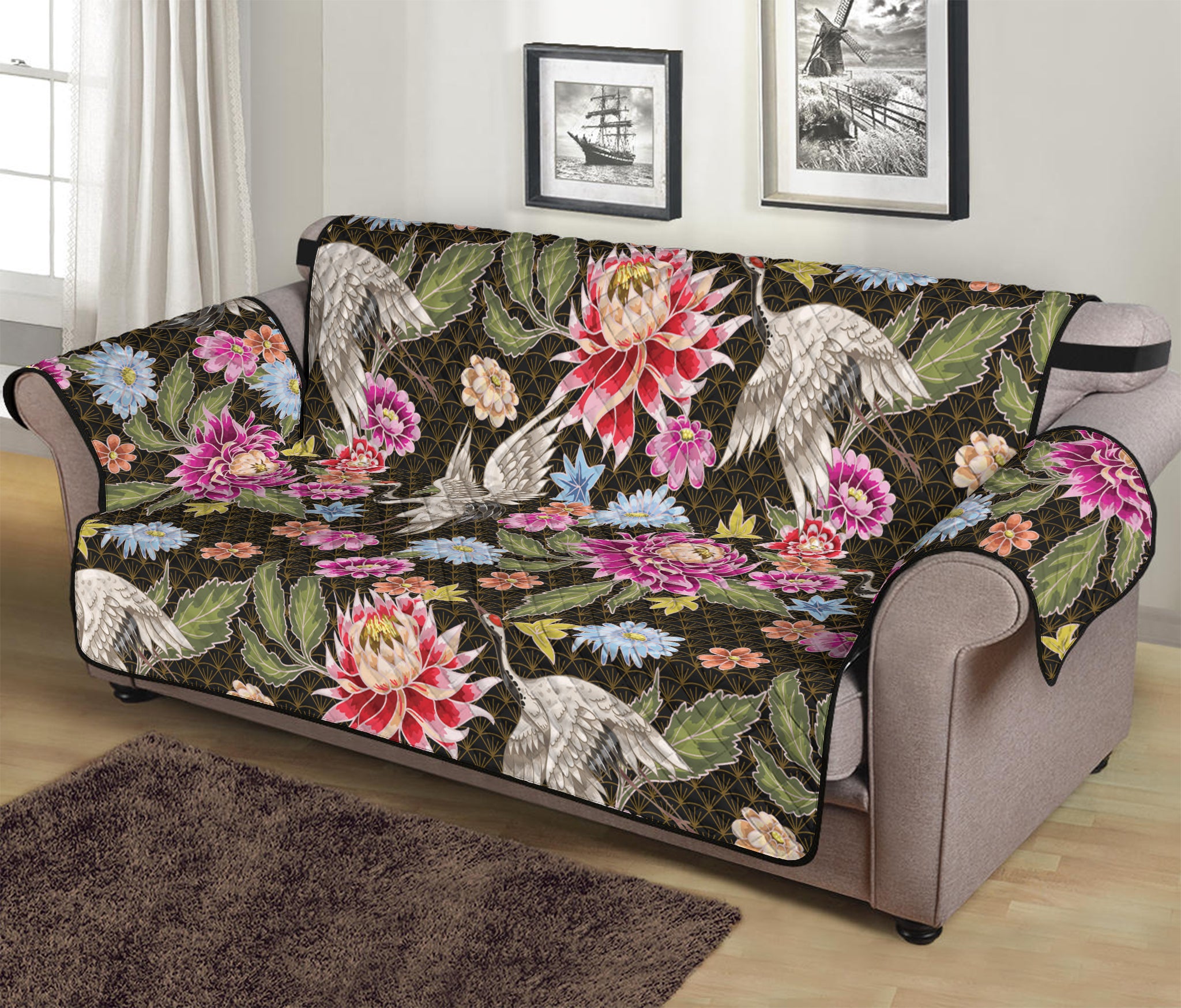 Asian Crane Bird Pattern Print Sofa Protector