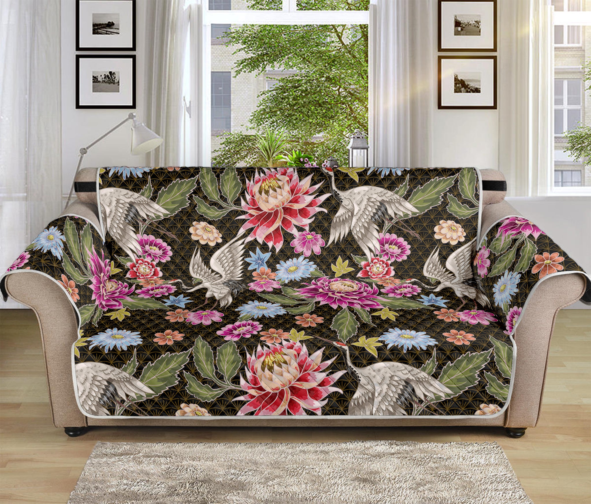 Asian Crane Bird Pattern Print Sofa Protector