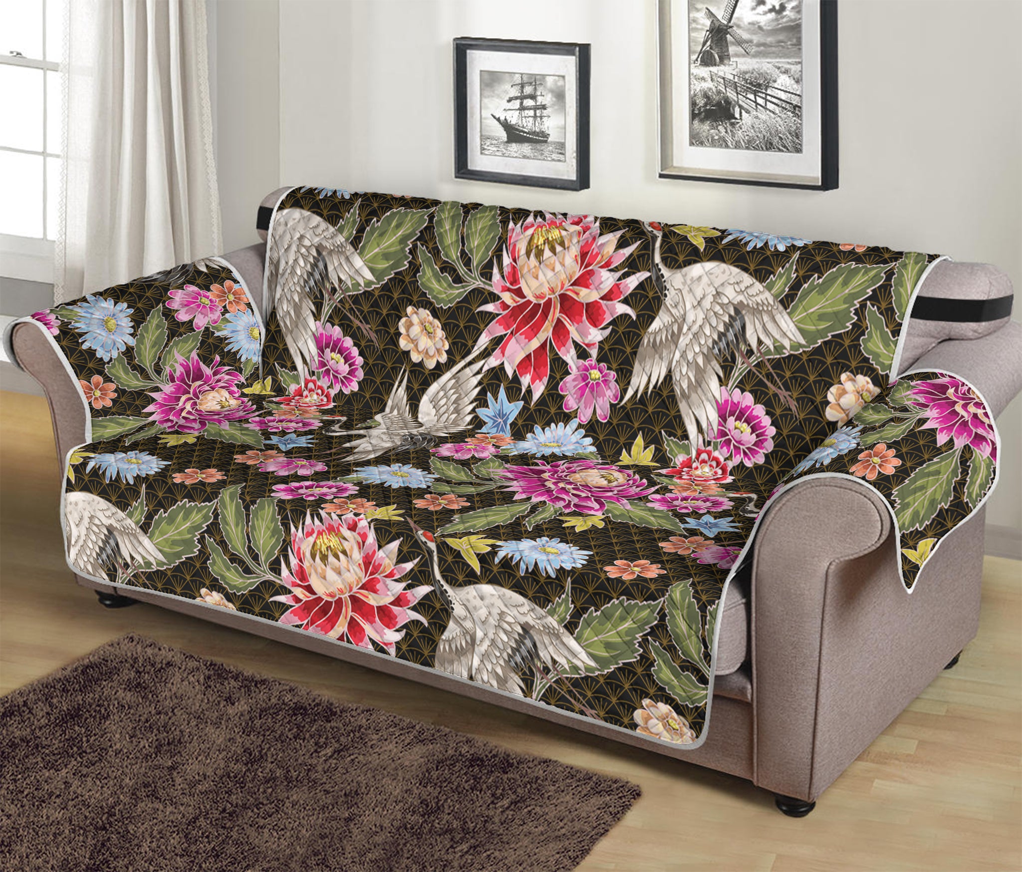 Asian Crane Bird Pattern Print Sofa Protector