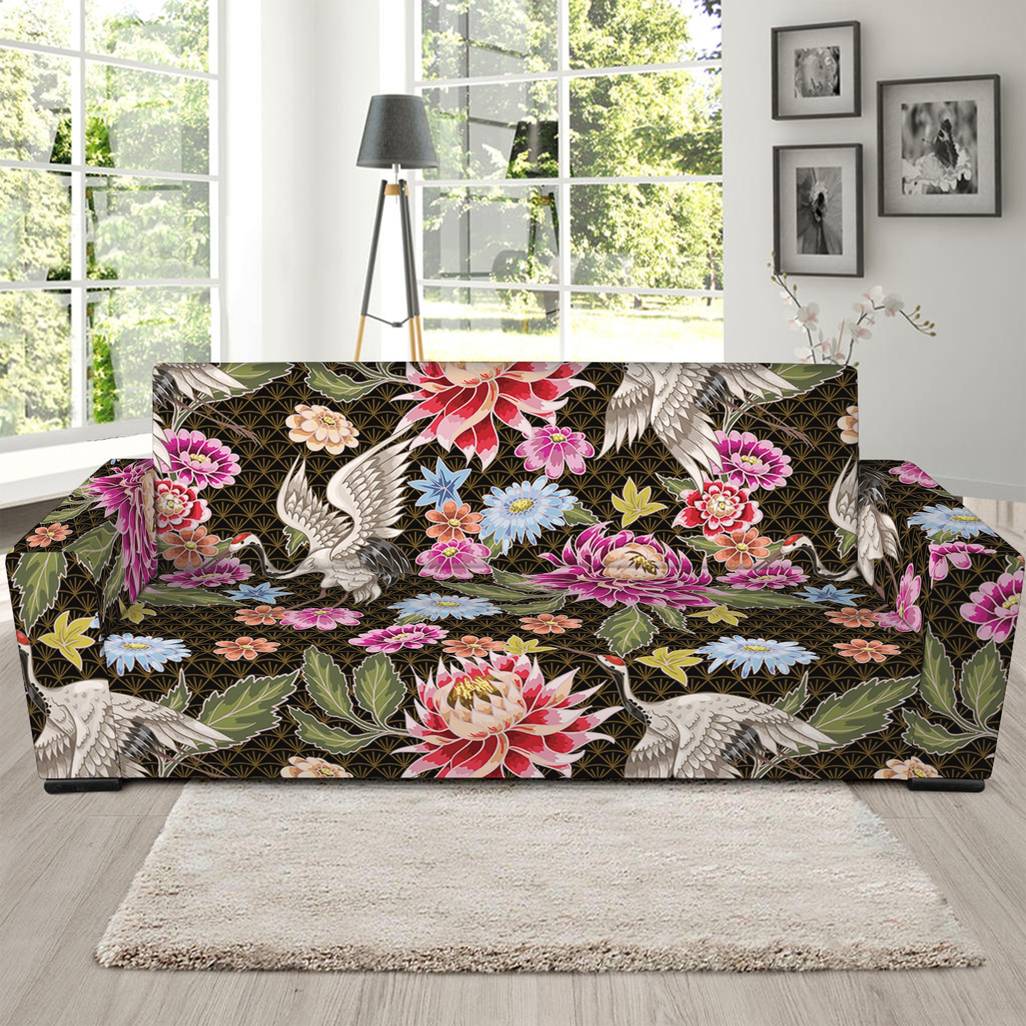 Asian Crane Bird Pattern Print Sofa Slipcover