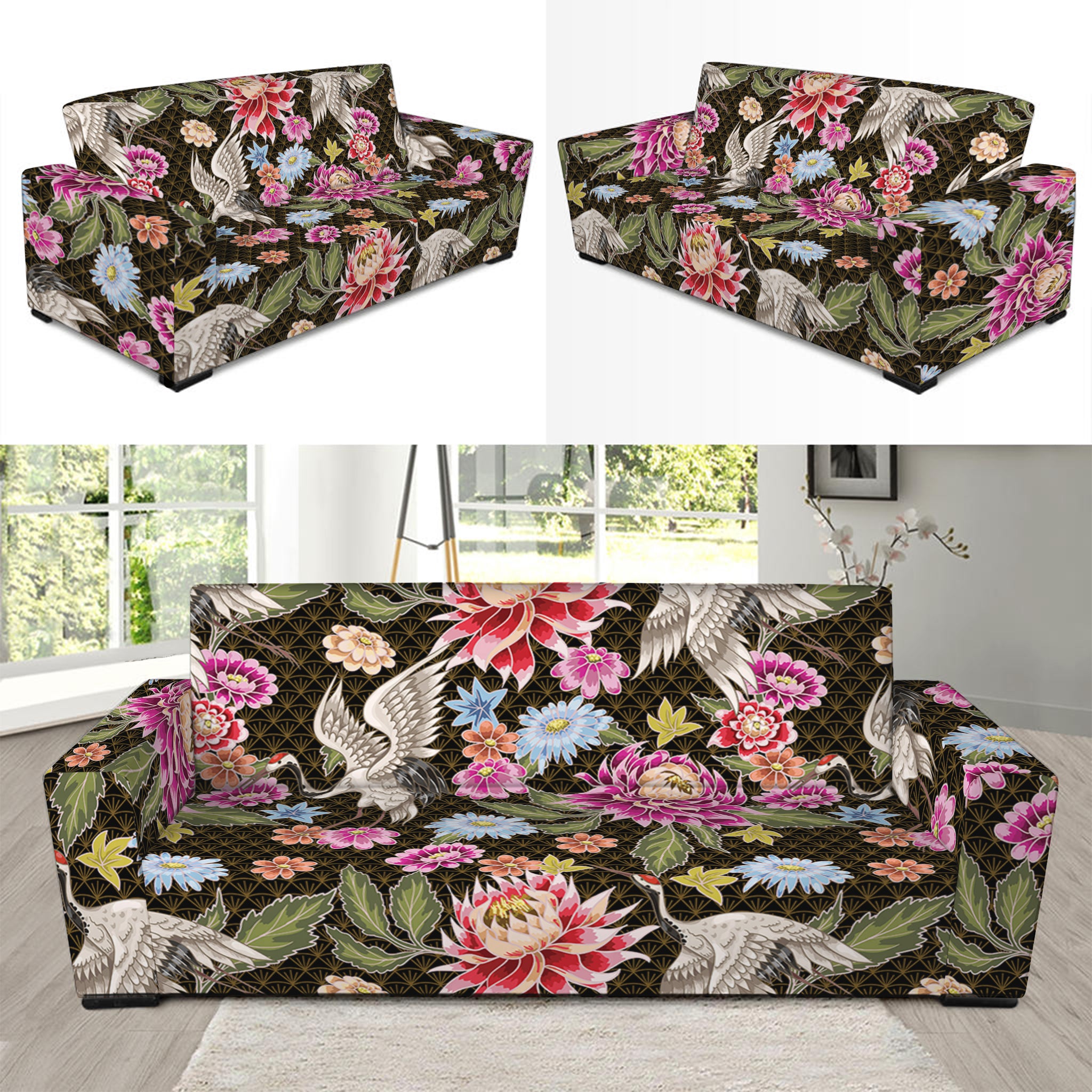 Asian Crane Bird Pattern Print Sofa Slipcover