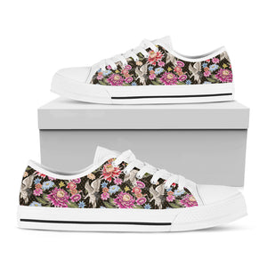 Asian Crane Bird Pattern Print White Low Top Shoes