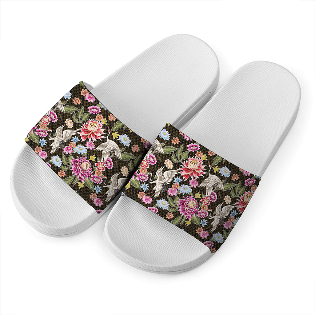 Asian Crane Bird Pattern Print White Slide Sandals