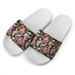 Asian Crane Bird Pattern Print White Slide Sandals