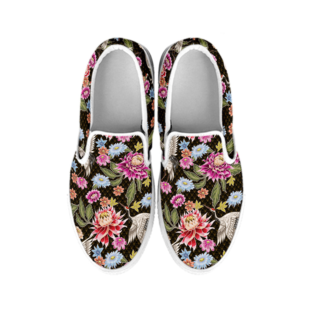 Asian Crane Bird Pattern Print White Slip On Shoes